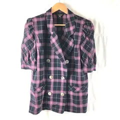 レリアン leilian ジャケット テーラード パフスリーブ 半袖 チェック 毛100％ シェルボタン ネイビー系 7サイズ 973138