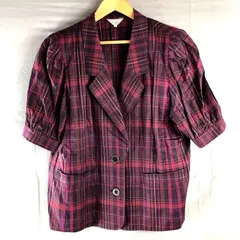 レリアン leilian ジャケット チェック テーラード 半袖 リネン混 飾りボタン 肩パッド付き ボルドー系 13+サイズ 980706