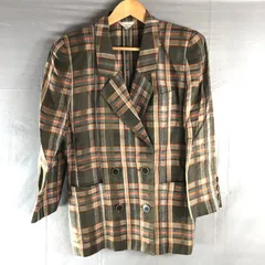 レリアン leilian ジャケット チェック テーラード ダブル リネン混 肩パッド付き カーキ系 9サイズ 980707