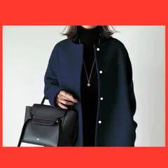 シンプル ミドル 丈 ラウンドネック ベルトレス 韓国風 コート ダークブルー