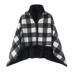 新品・[LeafIn] ひざ掛け ブランケット ハーフケット 大判 4way 着る毛布 肩掛け ボタン付き 厚手 防寒対策 あったか チェック柄 おしゃれ 吸湿保温 抗菌加工 静電気防止 洗濯可能 手触り 暖かい (黒白, L) 0