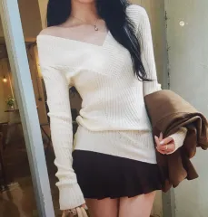 (海外配送)秋 冬 Vネック ニット ゴージ オフショルダー 長袖Tシャツ