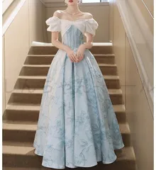 【新品?未使用】 カラードレス カクテルドレス ロングドレス 2way ブルー 花柄 オフショルダー パフスリーブ パーティードレス 発表会 演奏