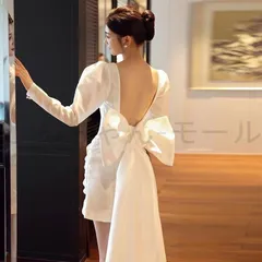 ミニ丈 ウェディングドレス 二次会 結婚式 ドレス ウェディングドレス 長袖 Vネック バックレス リボン フィッシュテール 花嫁 二次会 ドレ