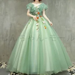 カラードレス 編み上げ グリーン 半袖 緑 ロングドレス 結婚式 二次会 発表会 演奏会 ウェディングドレス ウエディングドレス 花嫁 前撮り 