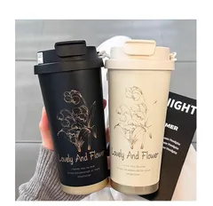 タンブラー 水筒 マグボトル ストロー付き 持ち運び コーヒータンブラー 鈴蘭柄 魔法瓶 500ml 蓋付き 真空二重断熱 タンブラー 漏れ防止 保温 保冷 大容量 広口 アウトドア オフィス 運転 プレゼント