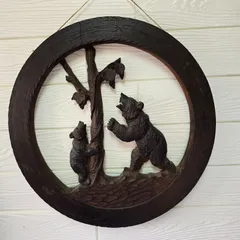 161　木製　親子熊の壁掛け　彫刻　木彫り　レトロ　飾り