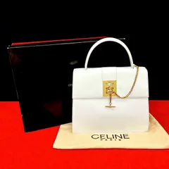 極 美品 箱 袋付 CELINE セリーヌ ヴィンテージ ロゴ リング 金具 カーフ レザー 本革 チェーン ハンドバッグ トートバッグ ホワイト 17578