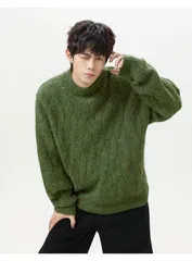 新作重磅厚手風合い アラン模様 ソリッドカラー クルーネックセーター メンズ 秋冬 柔らか肌触り 立体編み レトロ ゆったり ニットカーディガン