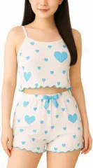 Lunon ルノン 女装 下着 上下セット 男の娘 ギャルキャミソール/ショート パンツ 2点セット可愛い ハート柄 おとこの娘 服 コスプレ 寝巻き パジャマ 部屋着 ルームウェア (XL：ブルー)