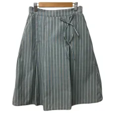 アクシーズファム axes femme スカート フレア ひざ丈 ラップ風 ストライプ リボン ウエストゴム M 白 緑 ホワイト グリーン