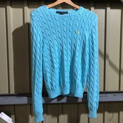 1073 RALPH LAUREN SPORT セーター 水色 XL ラルフローレンスポーツ ニット ケーブル編み ワンポイント 刺繍ロゴ ポロポニー コットン 古着卸 アメリカ仕入