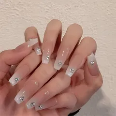 Liberte555 ネイルチップ バレリーナ 3d 韓国 可愛い フレンチ つけづめ つけ爪 シンプル nail (ホワイトシルバーストーン2,  ロング)
