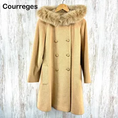 Courreges クレージュ ロゴボタン フォックスファー ウール ダブルブレスト ボア ロング Aラインコート ベージュ
