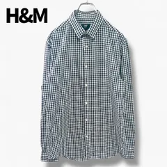 H&M スリムフィット 長袖ギンガムチェック L相当／ネイビー系 清潔感・韓国系ストリートに◎／CBOYレイヤード勢向け 着回し万能 海外古着