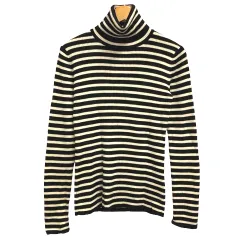 ユニクロ UNIQLO ニット セーター ウール タートルネック ボーダー タイト リブ 長袖 黒 ブラック 白 アイボリー 