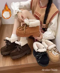 厚底ムートンブーツもこもこショートブーツ　レディース レースアップブーツ 防寒シューズ