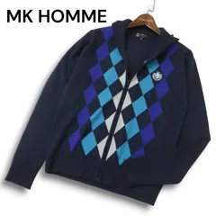 【美品】MK HOMME ミッシェルクラン オム 刺繍★ ウール混 ダイヤ柄 ニット ジャケット ブルゾン Sz.46 メンズ ネイビー