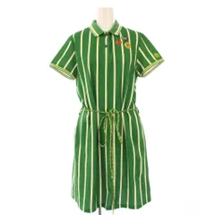 マンシングウェア MUNSINGWEAR ゴルフウェア フレアワンピース ポロシャツ ひざ丈 半袖 レギュラーカラー ストレッチ ハーフボタン ストライプ柄 L 緑 グリーン 黄色 イエロー /BB