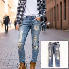 ダメージ大きめ◎【DIESEL INDUSTRY】ディーゼル インダストリー MATIC デニム パンツ ダメージ 加工 ヴィンテージ 汚し クラッシュ ストレート アメカジ イタリア製 コットン ブルー レディース サイズ 24インチ /M38854Ha