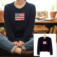ヴィンテージ◎【RALPH LAUREN POLO JEANS】ラルフローレン ポロ ジーンズ 星条旗 ニット クルーネック トレーナー セーター 国旗 アメリカン アメカジ ネイビー レディース サイズ M /M38858Ha