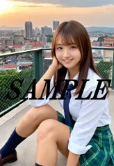 AIアート 夕景の屋上で微笑む女性A4アートプリント作品 O-011