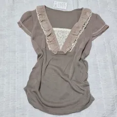 日本ヴィンテージ)チョコラテ森ガールst レース レイヤード フリル シャーリング 半袖ブラウス