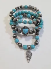 ターコイズブレスレット3点セット✨　　お得なブレスレット　　　レディースブレスレット　　　ブレスレットレディース　　　ターコイズアクセサリー　　　エスニックアクセサリー　　　ボヘミアンアクセサリー　　　ウエスタンブレスレット　　　３点セットブレスレット