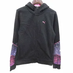 プーマ PUMA スポーツウェア パーカー ジップアップ 裏起毛 総柄 160 黒 ブラック 紫 パープル /YK