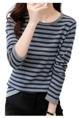 ラウンドネック オールシーズン カジュアル ロンT Tシャツ 3色展開 長袖 カットソー ボーダー レディース [アンリ] [AndLee&co]