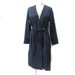 プラステ PLST ノーカラーコート ガウン ウエストマーク 麻混 リネン混 S 紺 ネイビー /YI