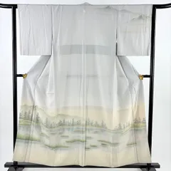 訪問着 身丈155cm 裄丈63cm S 袷 落款 風景 樹木 ぼかし 灰色 正絹 秀品 一つ紋 【中古】