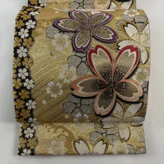 【美品】 袋帯 秀品 桜 花びら 刺繍 金糸 金色 六通 正絹 【中古】