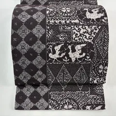 【美品】 袋帯 秀品 紬地 鳥 菱 紫 全通 正絹 【中古】