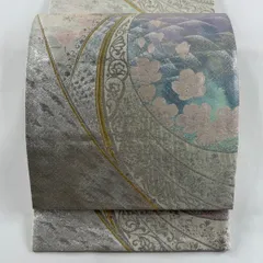 【美品】 袋帯 秀品 落款 草花 幾何学 箔 金銀糸 クリーム 六通 正絹 【中古】