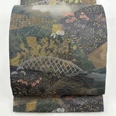 【美品】 袋帯 秀品 服部織物 落款 こはく錦 秋草 流水 箔 灰色 六通 正絹 【中古】
