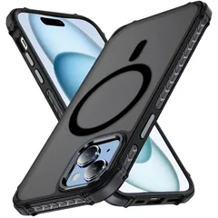 iPhone 15 ケース スマホカバー マット半透明 マグネット搭載 ワイヤレス充電 耐衝撃 指紋防止 滑り止め 米軍MIL規格・Magsafe対応 アイフォン 15 用カバー インチ PinLiSheng (グレイブラック, iPhone 15)