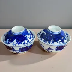 [2客揃え] 染付 蓋つき椀 江戸明治 手描き 陶器 陶芸 アンティーク 骨董 和食器 骨董 時代物 和