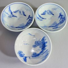 3つ鉢セット 染付 山水 中鉢 手描き アンティーク 骨董 ヴィンテージ