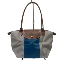 LONGCHAMP(ロンシャン) ショルダーバッグ ル・プリアージュオリジナル グレー×ブルー×ダークブラウン ネーム刺繍/折りたたみ レザー