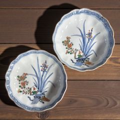 2客セット】 古伊万里 染付 金彩 扇鳥草花図 色絵 丸皿 取り皿 飾り皿