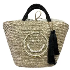 SMILEY×COOCO クーコ ハンドバッグ かごバッグ ストローバッグ 自然素材 ジュート 編み込み ワンポイント スマイリー スマイル ビジュー 刺繍 フリンジチャーム付 インナーバッグ付 巾着 ベージュ 白 ホワイト ゴールド 金 黒 ブラック