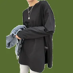 ゆったり [レリカ] ロングスリーブ tシャツ 長袖 ロンｔ 無地 シンプル カットソー トップス スリット 白 黒 レディース