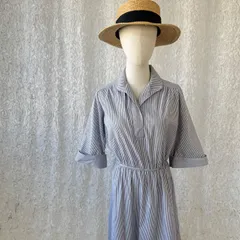 【レトロ古着】ストライプ模様　スキッパーカラー　コットン シャツワンピース 半袖 膝下丈 ゴムウエスト　ナチュラル