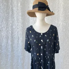 USA古着 90s MOLLY MALLOY 花柄 ロングワンピース ボタンダウン ブラック系 ヴィンテージ
