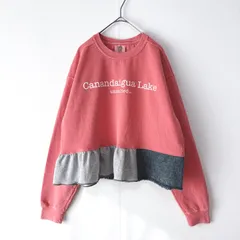 古着リメイクスウェット　ピンクトレーナー　裏起毛　異素材ミックス　スウェット＋デニム　長袖トップス　裾フリル　両面プリント