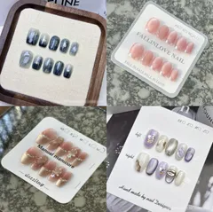 ネイルチップ完成品　セット販売　4点セット　キラキラ　ピンク系　パープル系　ブルー系　Mサイズ　クリスマス　お正月　秋冬　バレンタイン　プレゼント　お得セット