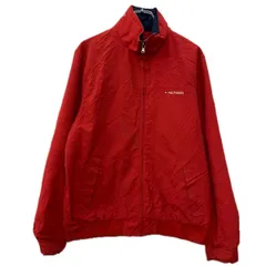 TOMMY HILFIGER ナイロンジャケット M レッド トミーヒルフィガー ジップアップ アームロゴ 刺繍ワンポイント 隠れフード 春物 a712-5331