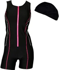 ＺＡＩＤＥＡ 上下 フィットネス 水着 レディース セパレート スイムキャップ付き 3点セット ノースリーブ めくれ防止 体型カバー (ブラック/ピンク,  XL)