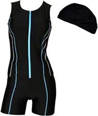 ＺＡＩＤＥＡ 上下 フィットネス 水着 レディース セパレート スイムキャップ付き 3点セット ノースリーブ めくれ防止 体型カバー (ブラック/ブルー,  S)